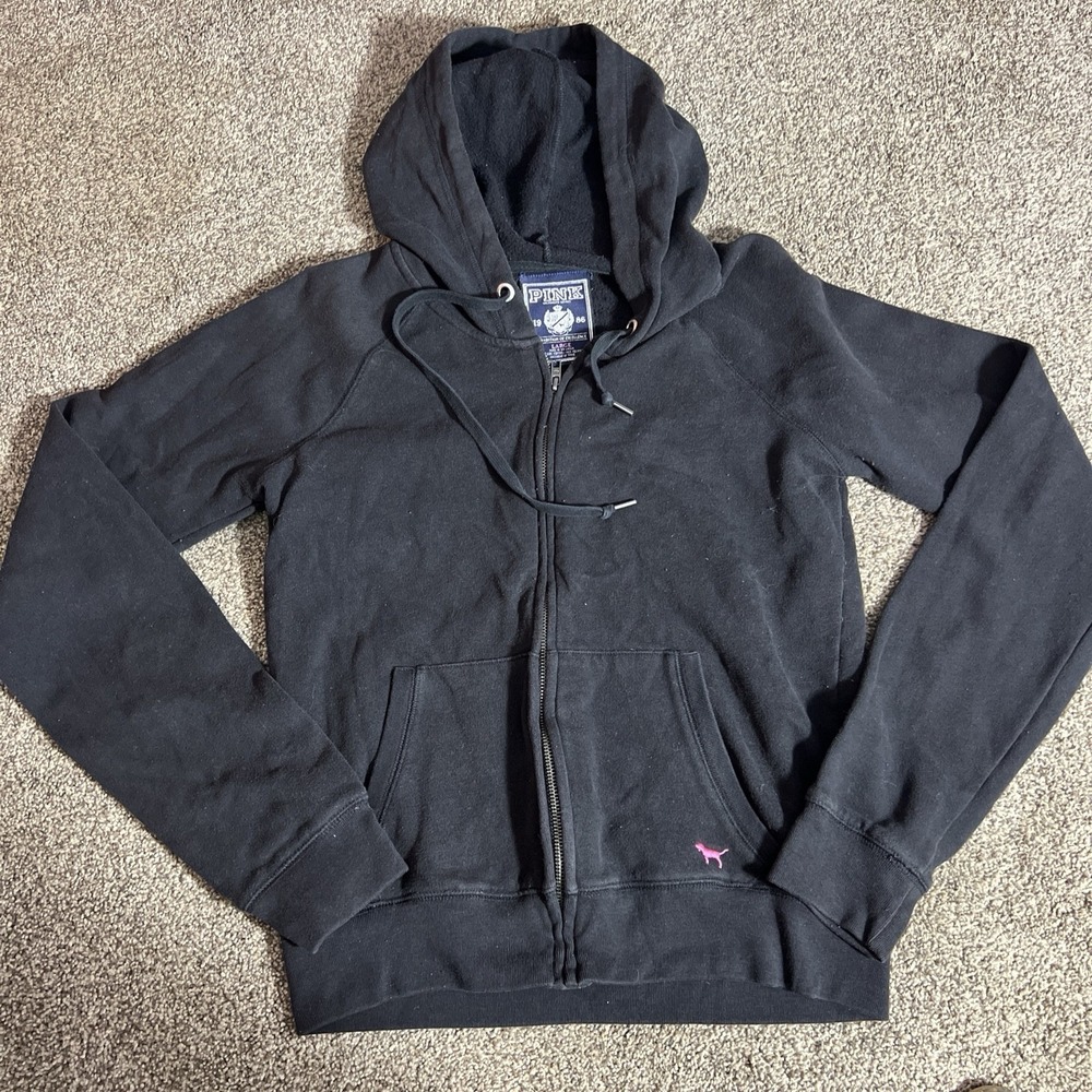 Victoria's Secret PINK Full Zip Hoodie Black Peace & Love Graphic Women's Large